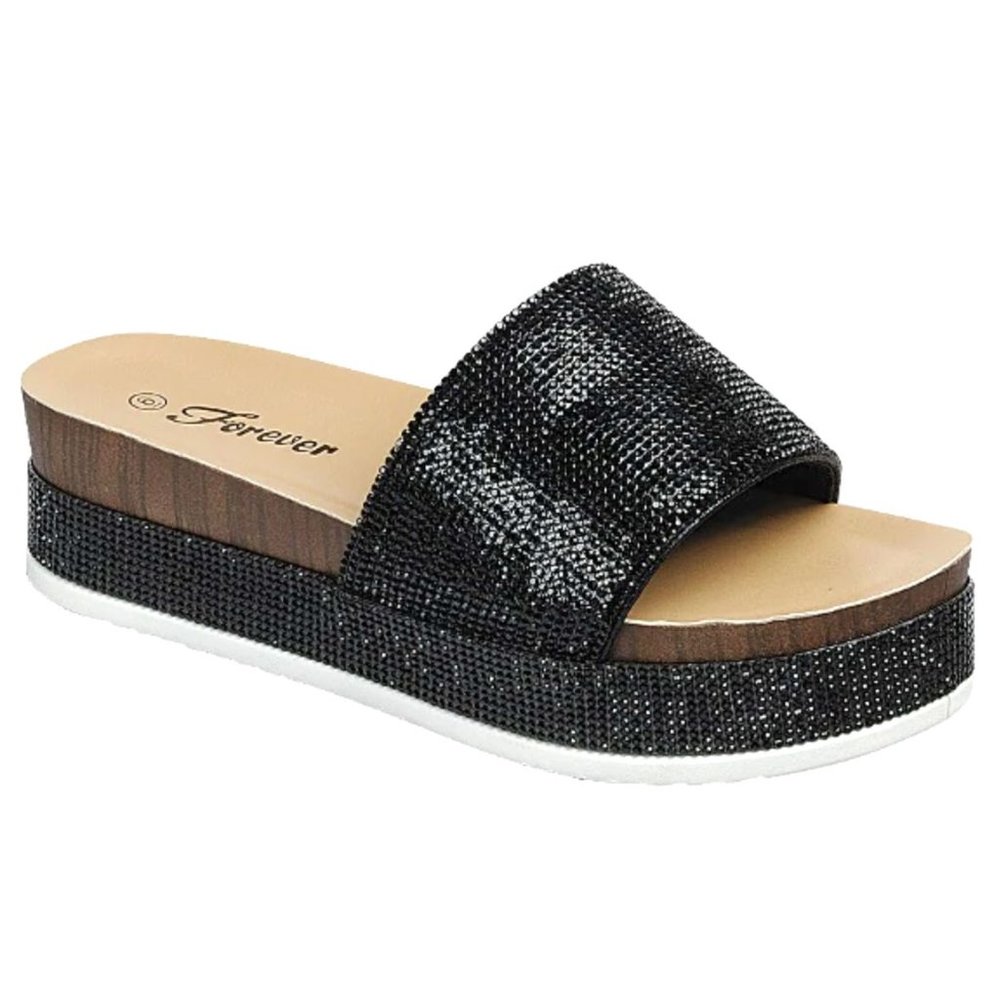 New Black  Rhinestone Platform Wedge Sandals